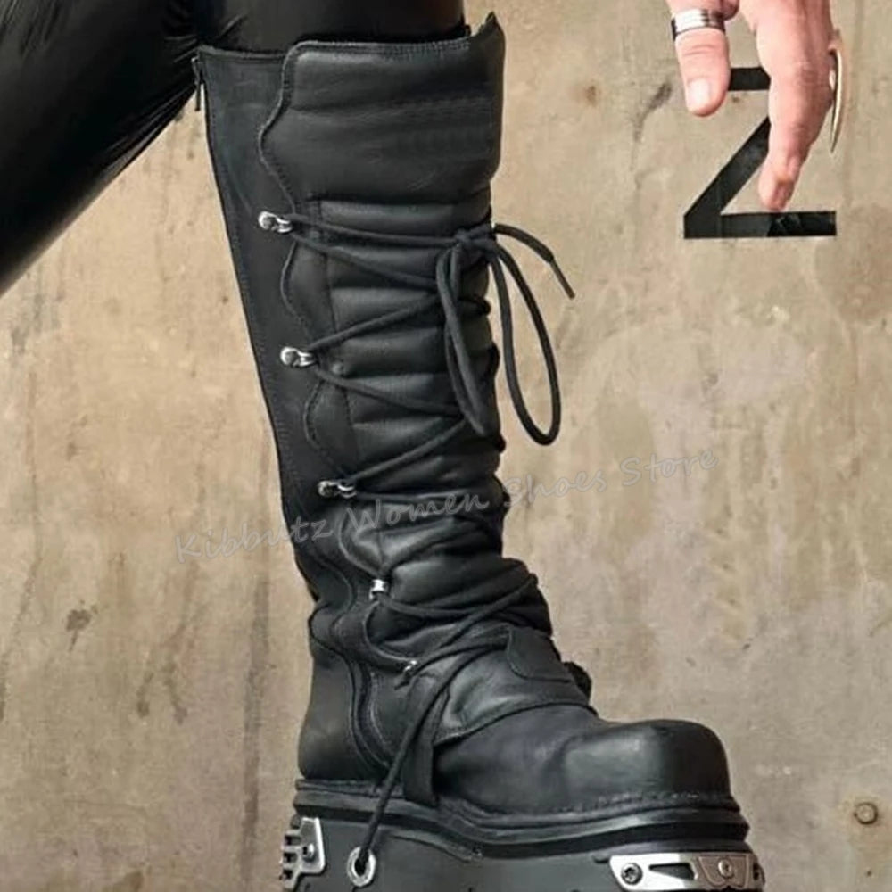 Rock Punk Motorcycle Boots Knee High Dark Style Round Toe Thick Bottom Genuine Leather Solid Color Fashion Sexy Women Shoes New