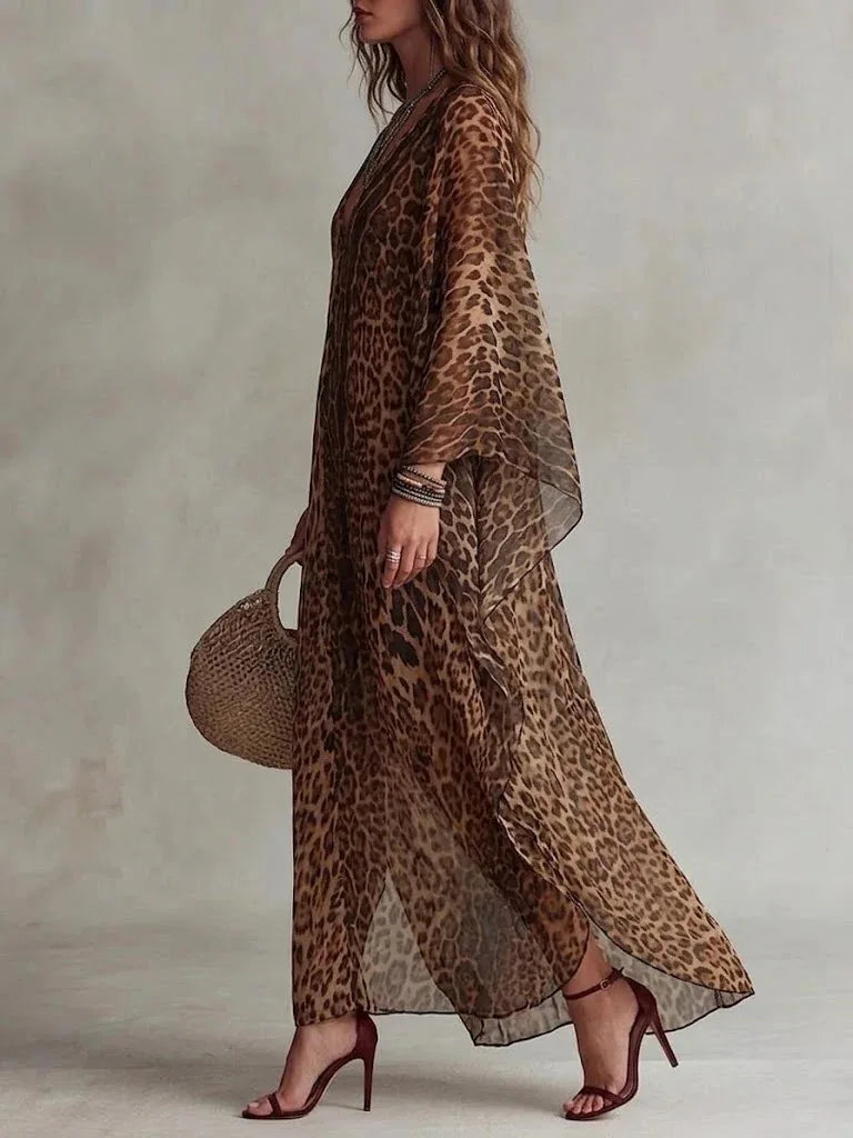 Leopard Print Maxi Dress – Deep V Neck Batwing Sleeve – Polyester | KIMLUD
