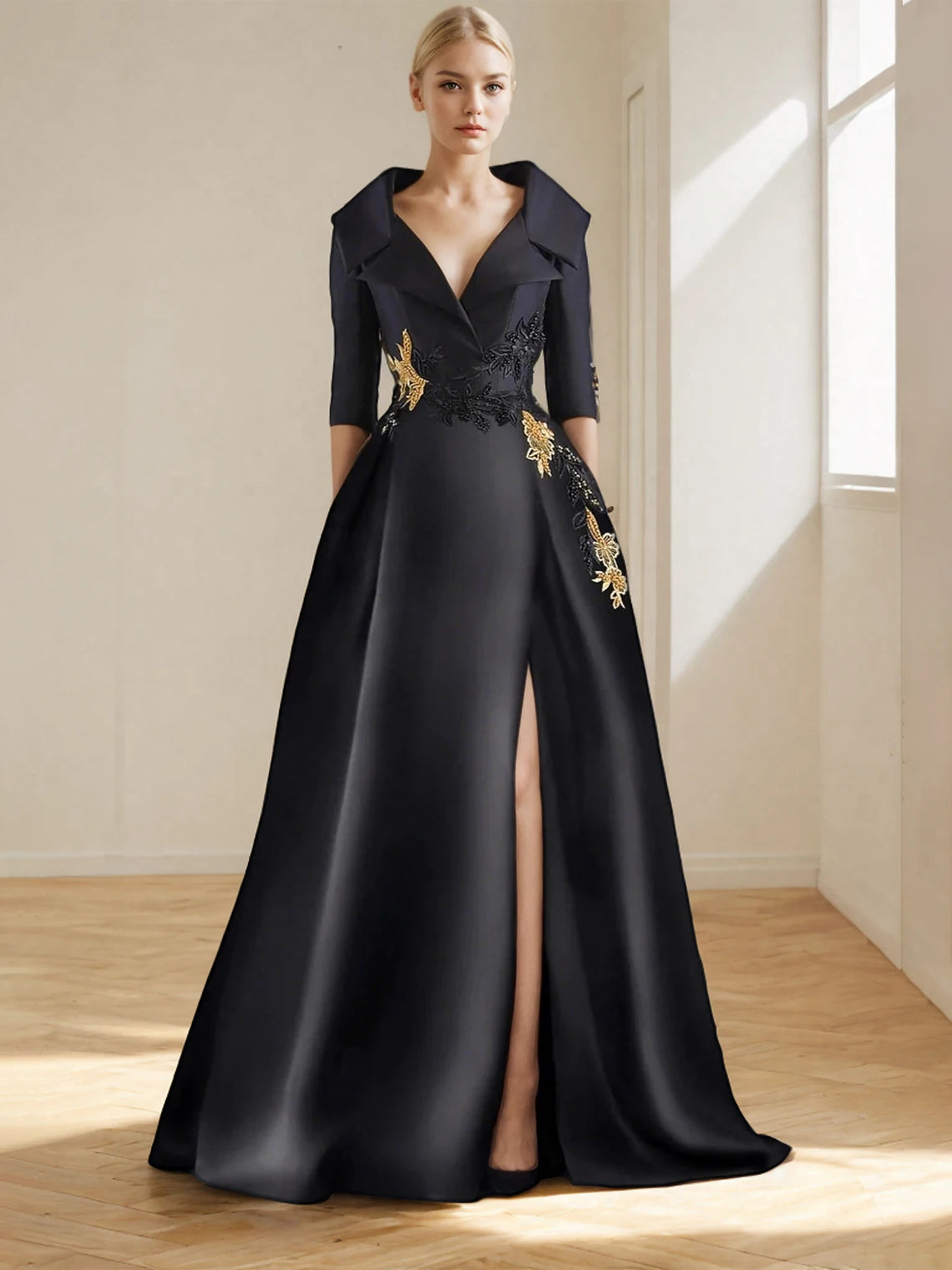 KIMLUD, A-Line Evening Gown Elegant Dress Formal Floor Length Shirt Collar Pocket with Appliques dress to impress 2025 free customized, KIMLUD Womens Clothes