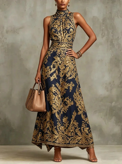 Maxi Dress – Baroque Print Halter Neck – Polyester A-Line | KIMLUD