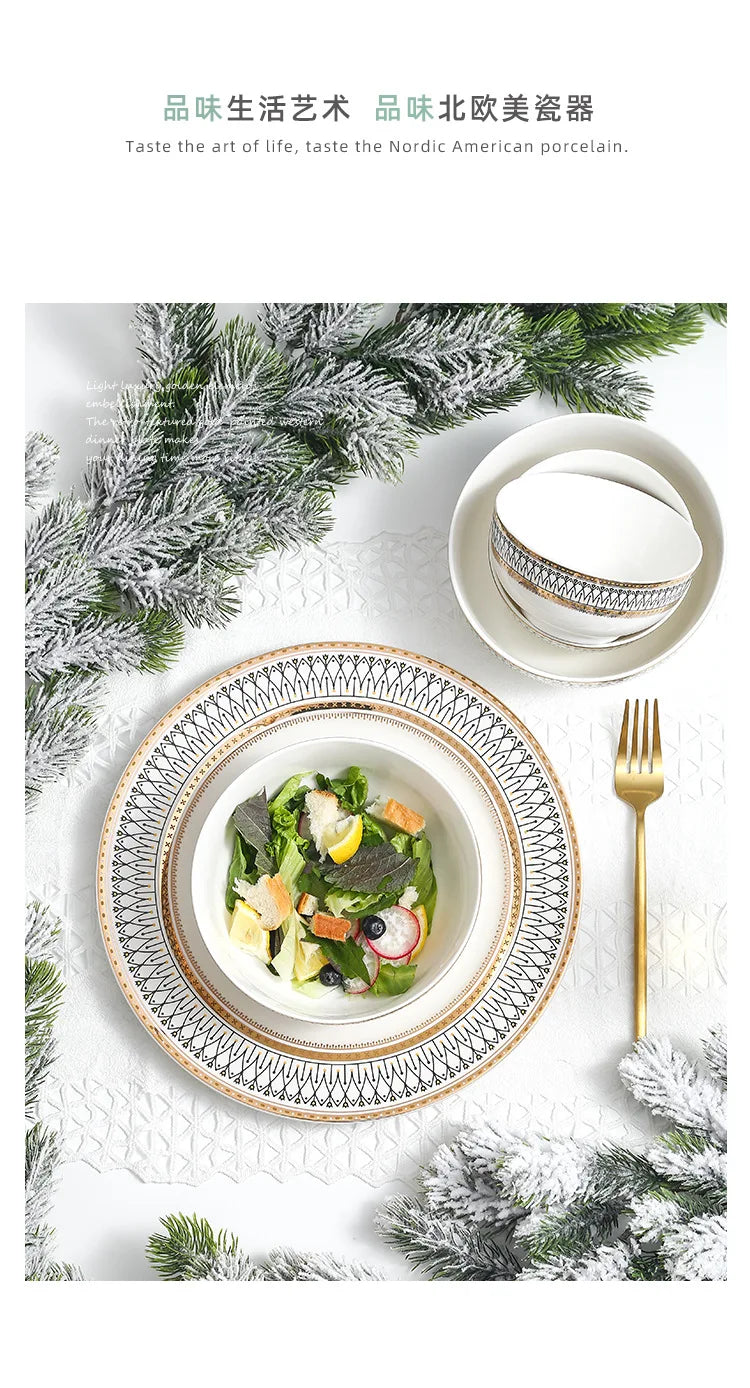 Ceramic Dinner Plates Golden Bead Trim — White | KIMLUD