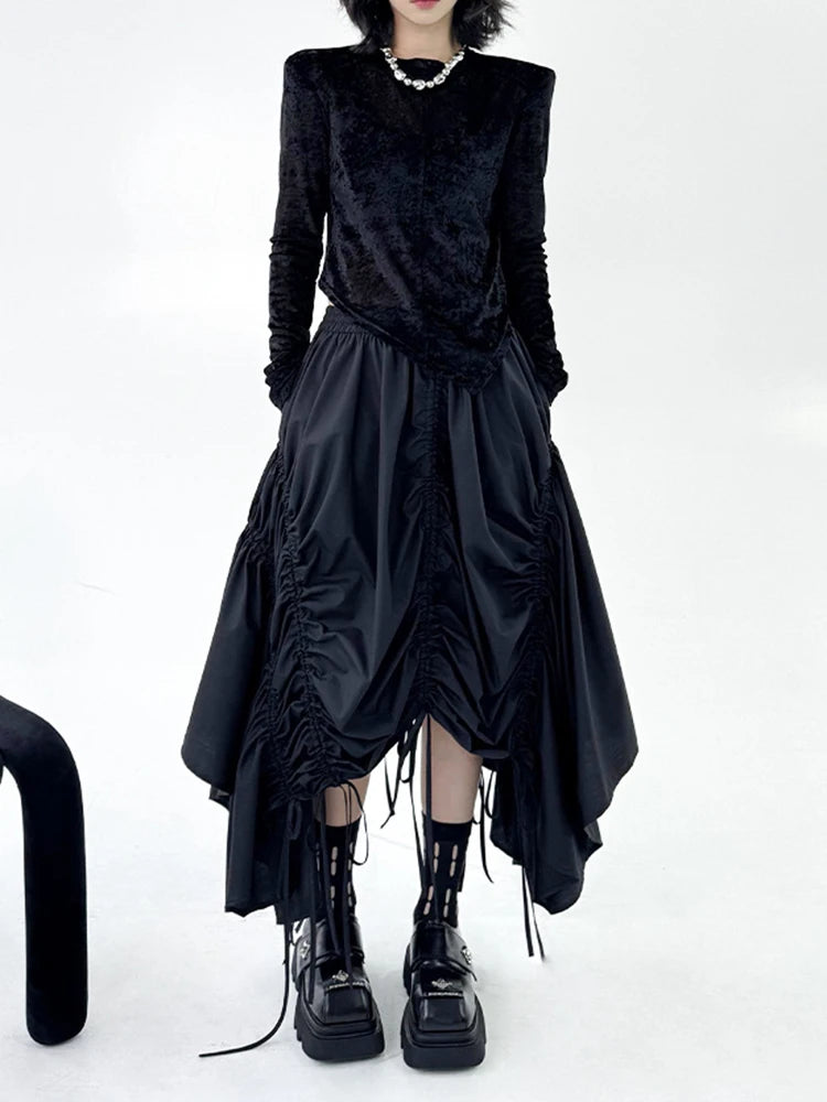 Skirt – Drawstring Waist – Irregular Hem – Cotton – Black | KIMLUD