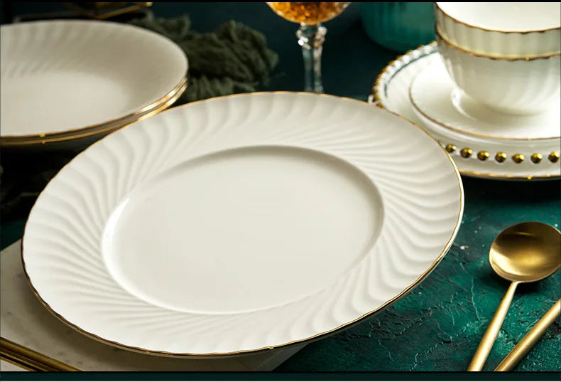 Bone China Dinnerware Set With Gold Accents — White | KIMLUD