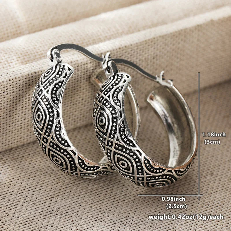 Hoop Earrings – Exotic Style Carving Pattern – Copper – White | KIMLUD