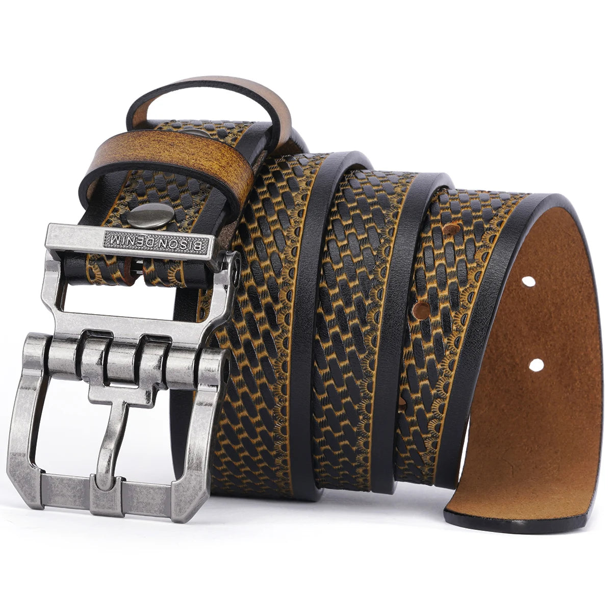 Cow Split Leather Belt Pin Buckle — Black | KIMLUD