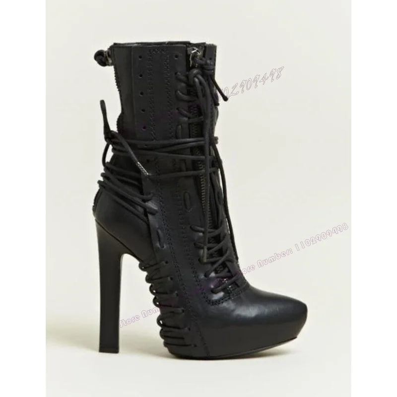 Black Matte Leather Cross Tied Ankle Boots Po inted Toe Shoes for Women Thin High Heels Sexy Lady Shoes 2025 Zapatos Para Mujere