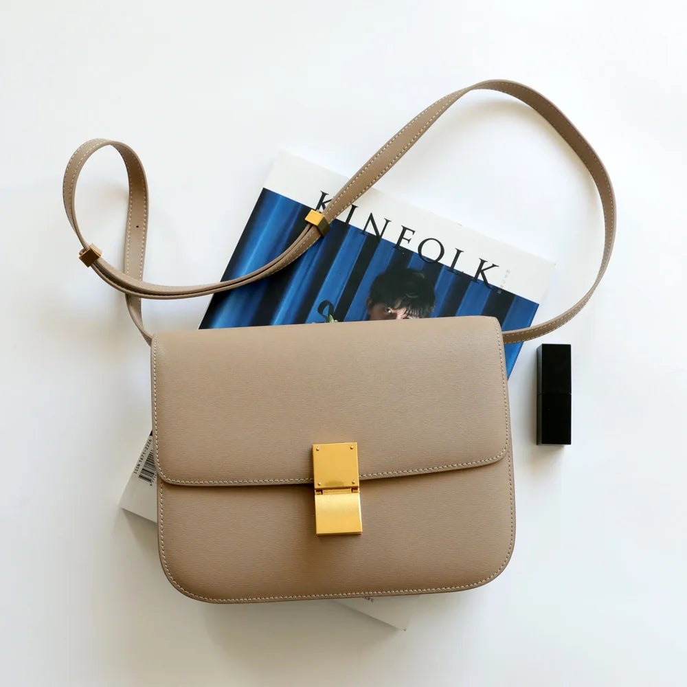 Split Leather Shoulder Bag Single Flap Lock — Black | KIMLUD