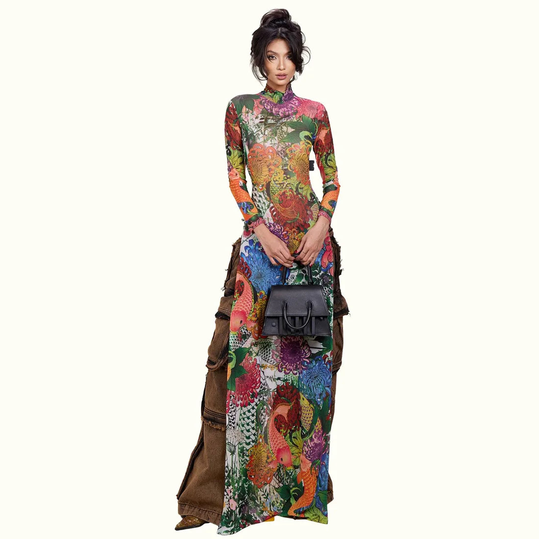 Mesh Maxi Top With High Collar Plant Print Open Split And Sheer Overlay — Black | KIMLUD