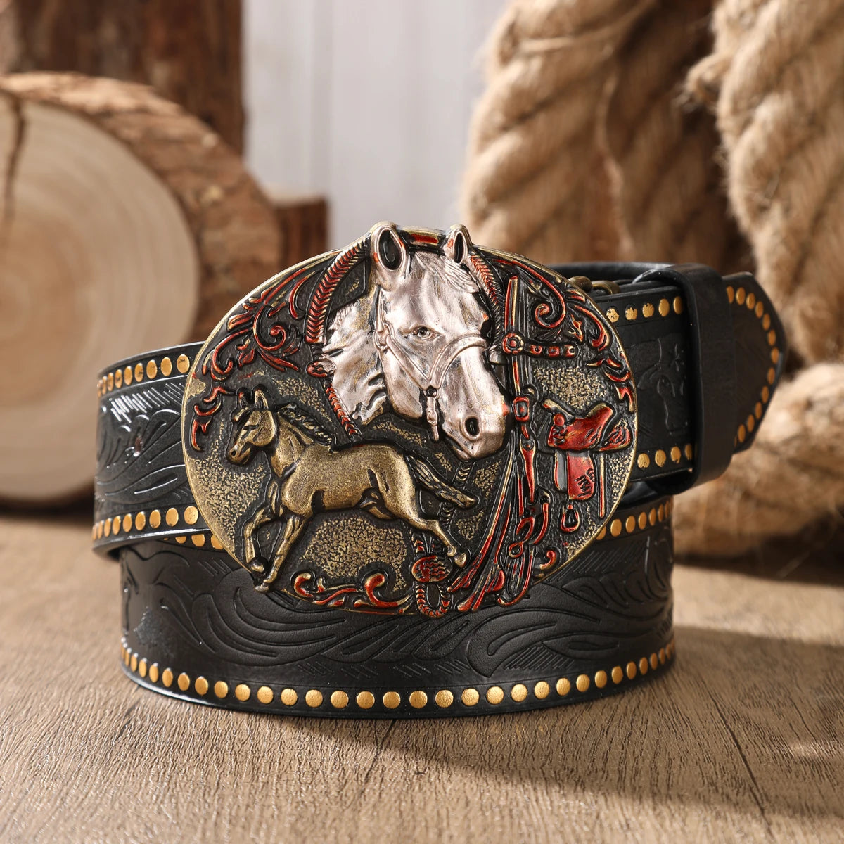Retro Western PU Embossed Buckle Belt — Brown | KIMLUD