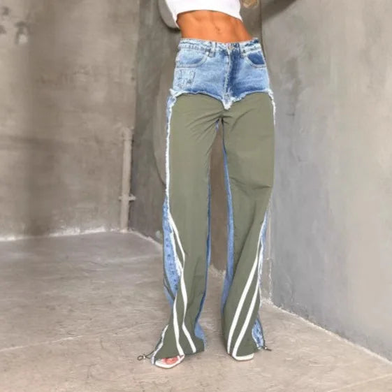 Street Splicing Jeans for Women's Autumn New Style Pants Contrast Striped Fringed Jeans