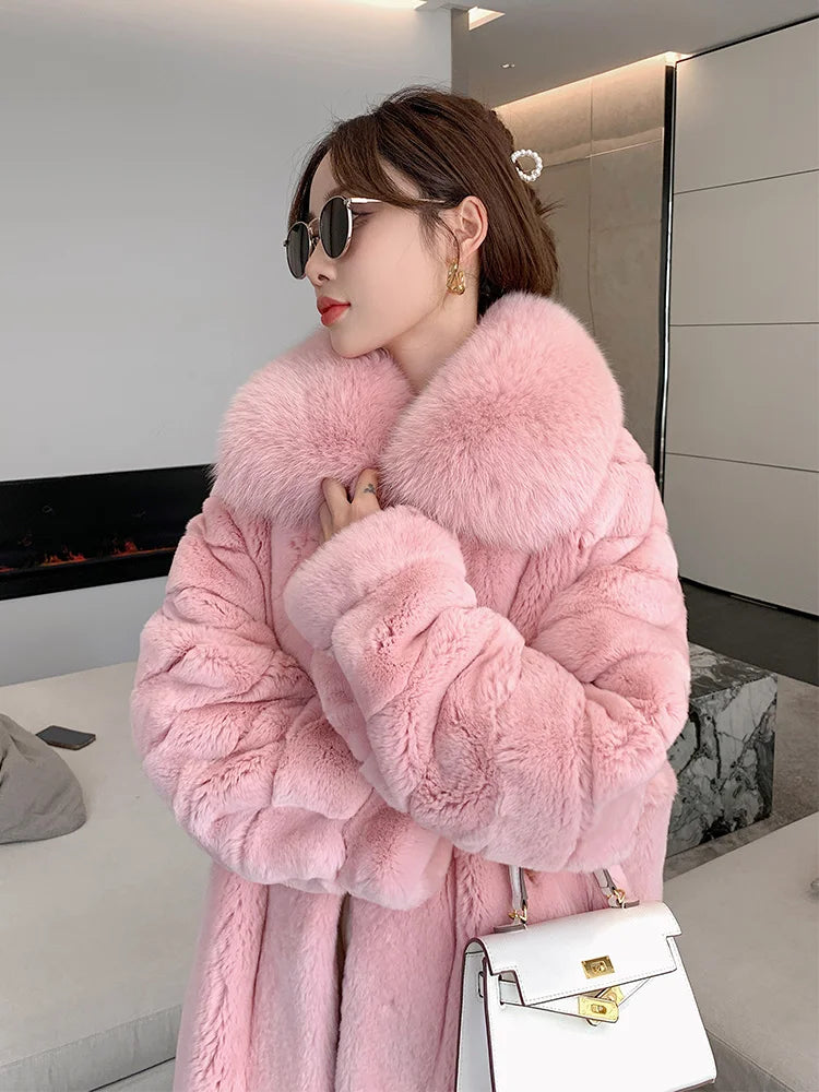 Rabbit Fur Coat – X-Long Rex Rabbit Fur – Fox Fur Collar | KIMLUD