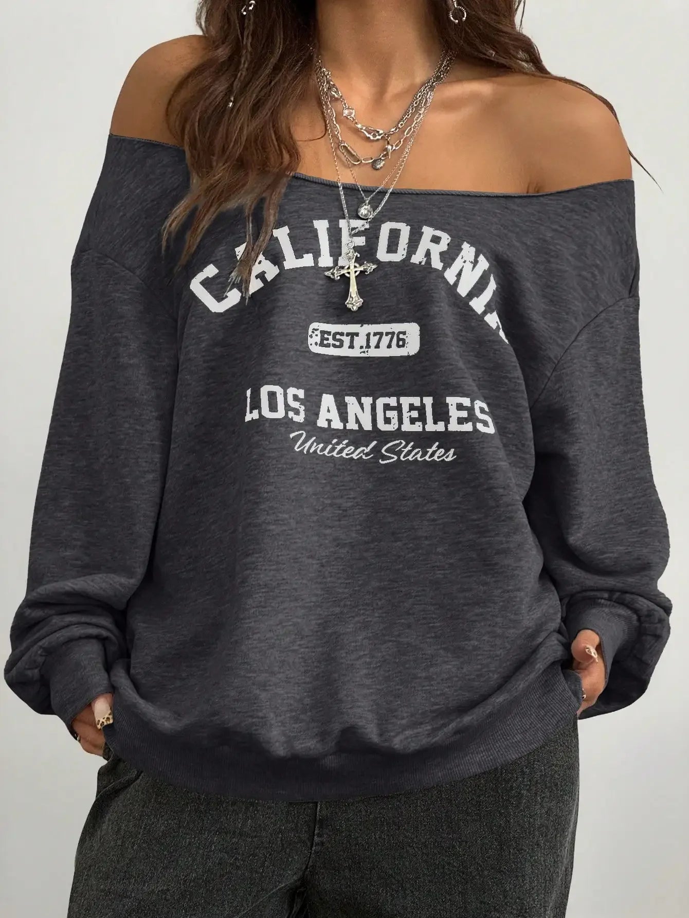 Single Shoulder Knit Top - Loose Long Sleeve - Grey | KIMLUD