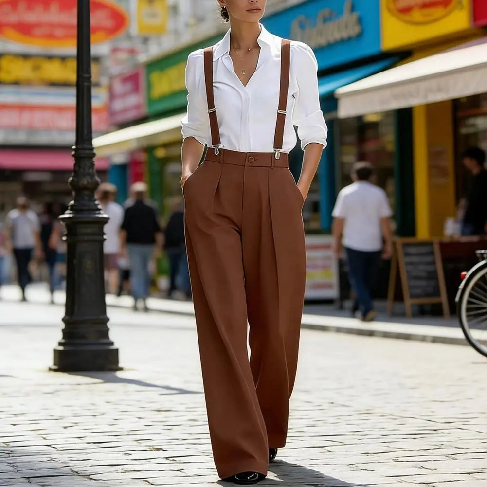 Wide Leg Suspender Trousers With Detachable Gray Straps — Black | KIMLUD