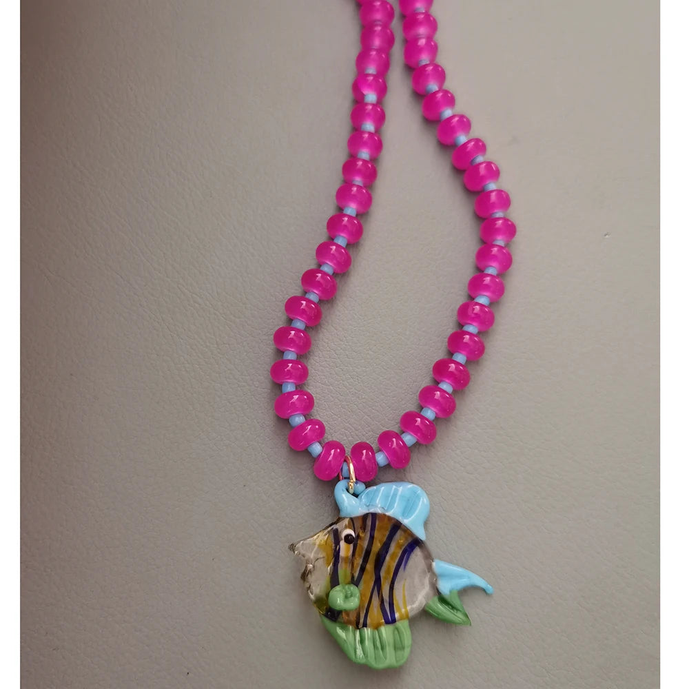 KIMLUD, Bohemian Colorful Glaze Fish Pendant for Women Striped Beaded Necklace Seaside Vacation Party Accessories, necklace 2, KIMLUD APPAREL - Womens Clothes