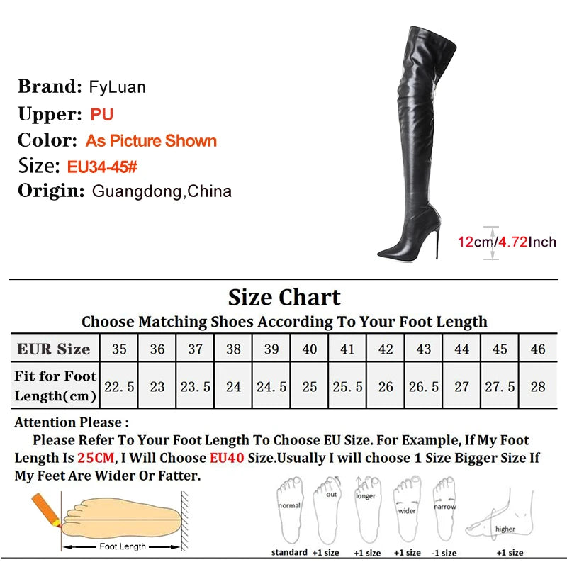 Back Zipper Slim Leg Thigh Boots For Woman 2025 New Pointed 12CM Thin High Heels Glossy Leather Black Over The Knee Women Boots