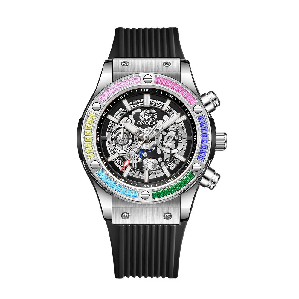 Silicone Strap Rainbow Diamond Watch 45mm Hardlex Dial, Date, Luminous Hands, 3Bar Water Resistant — Rainbow | KIMLUD