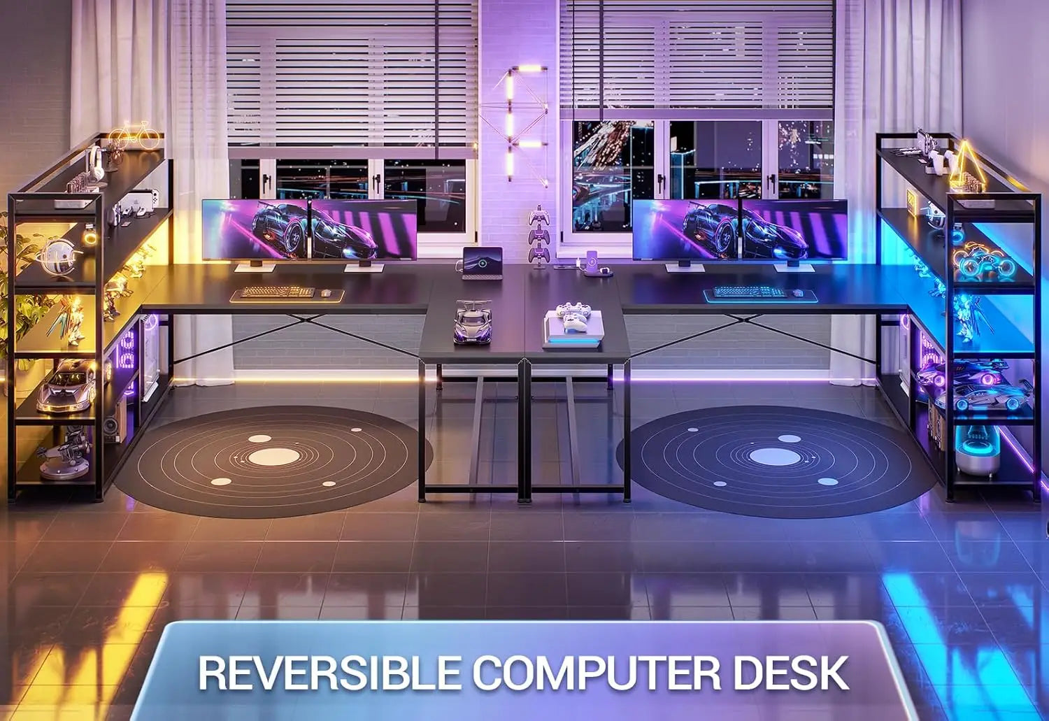 L-Shaped Desk With LED Lights, Power Outlet and Storage — Obsidian Blue | KIMLUD