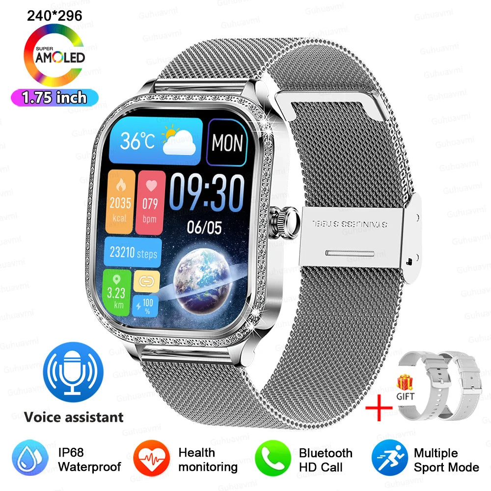 KIMLUD, 2025 New Lady Smart Watch Women AMOLED Curved Screen IP68 Waterproof Health Call Smartwatch For Samsung Huawei Apple Watch 4 ios, Silver mesh belt 2A / samrt watch, KIMLUD APPAREL - Womens Clothes