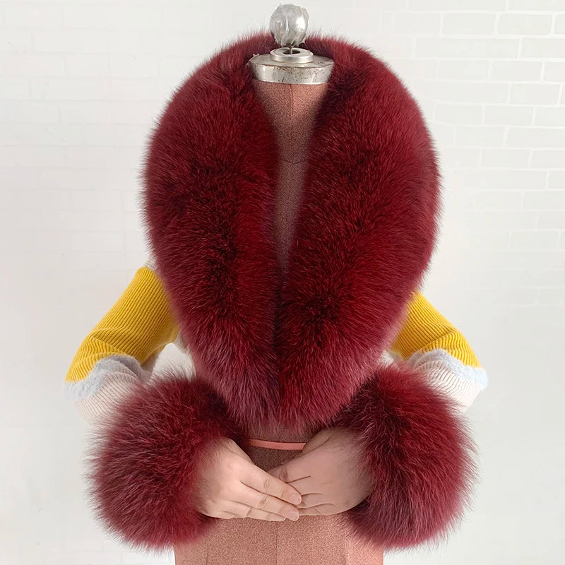 Fox Fur Solid Scarf And Cuff Set For Winter — Green | KIMLUD