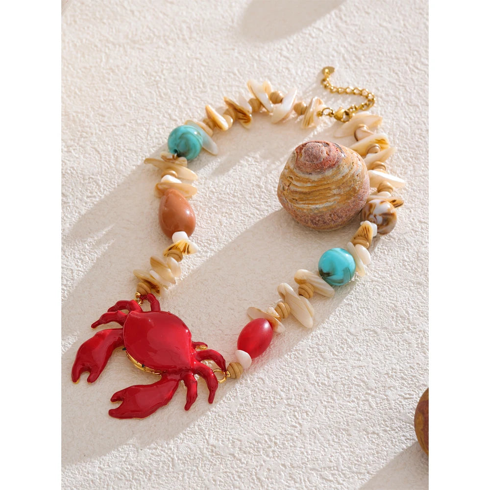 Shell Resin Ocean Style Crab Pendant Necklace — Red | KIMLUD