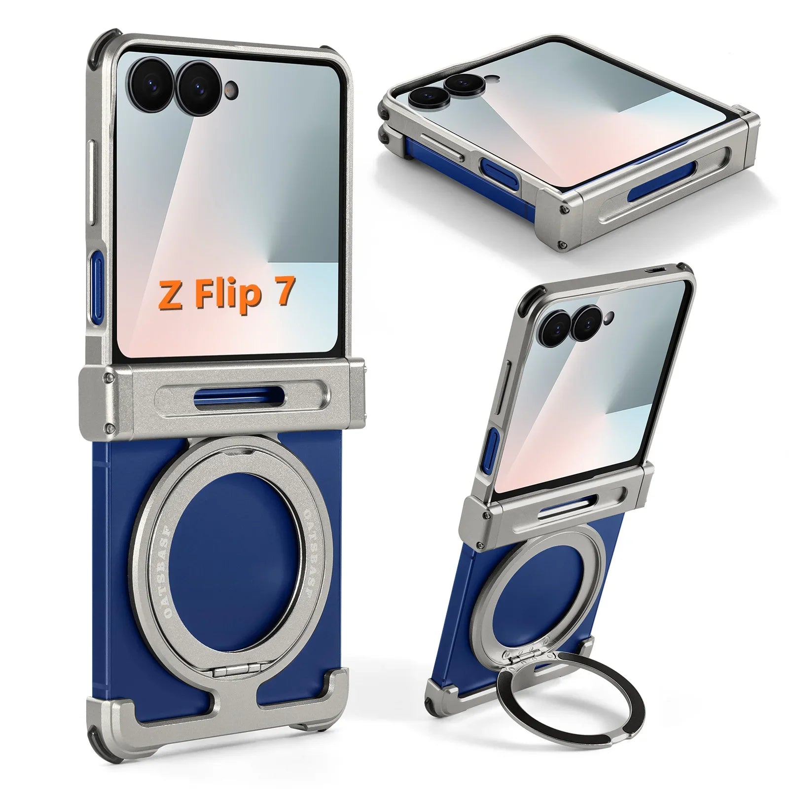 Oatsbasf Metal Frameless Phone Case for Samsung Galaxy Z Flip 7 with Kickstand 360°Rotation Magnetic Shockproof Protective Cover