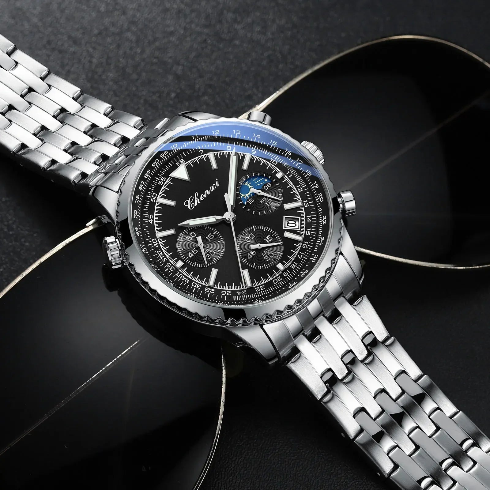 Luxury StopWatch Moon Phase Waterproof Male Clock Luminous Date Stainless Steel Square Quartz Men Watch reloj hombre