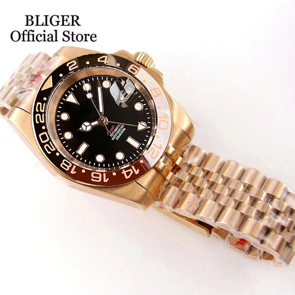 20ATM Waterproof 40mm Rose Gold NH34 GMT Automatic Watch For Men Steel Strap Ceramics Bezel Sapphire Glass Luminous