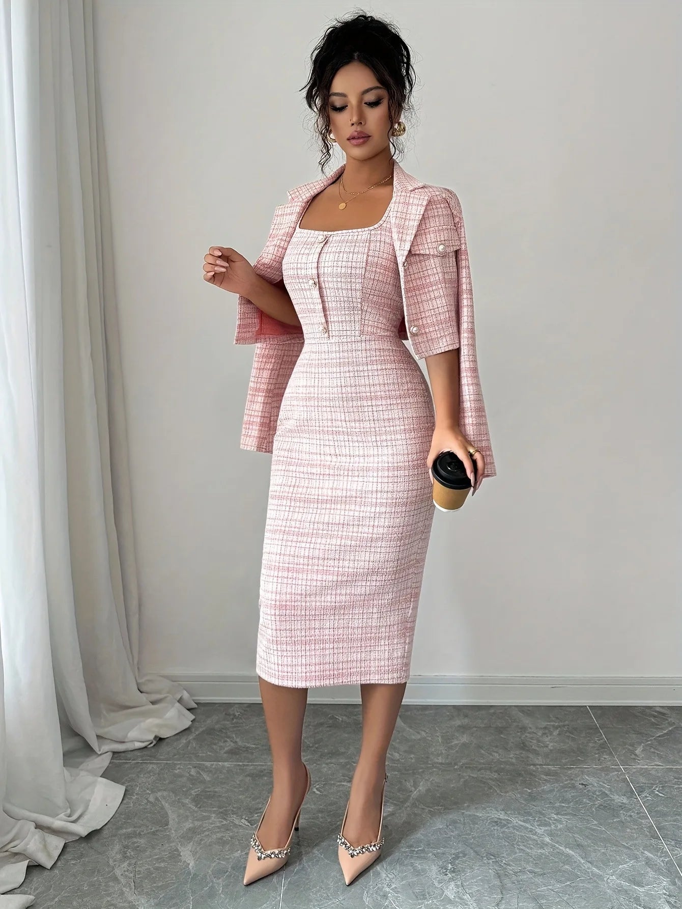 Two-Piece Dress Set – Reversible Collar – Knee-Length Polyester | KIMLUD