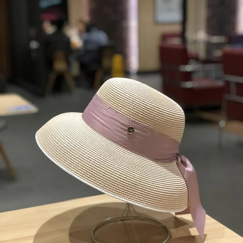 Women's French Retro Straw Sun Hat with Bow Detail - Hepburn Style Elegant Wide Brim UPF 50+ Sun Protection for Beach Vacation