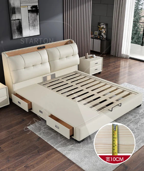Pure White Nordic Style Oak Panel Queen Bed Frame Steel Frame Cama Modern Bed Queen Size Bed