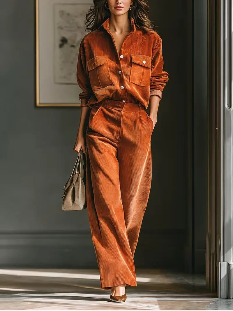 Corduroy Two-Piece Set With Wide-Leg Pants — Burnt Orange | KIMLUD