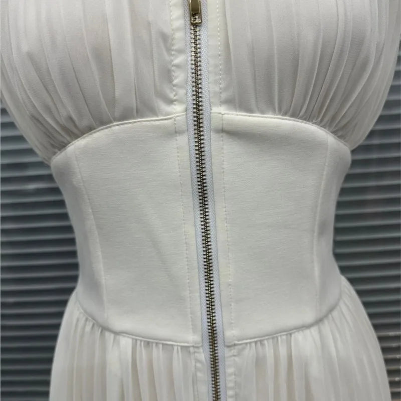 Deep-V Neck Jumpsuit Hollow Zip Pleated — Ivory | KIMLUD