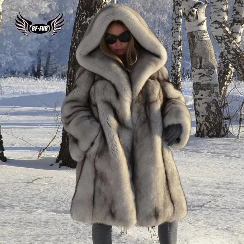 Fox Fur Coat – Hooded Full Pelt Fox Fur – Cotton Fabric | KIMLUD