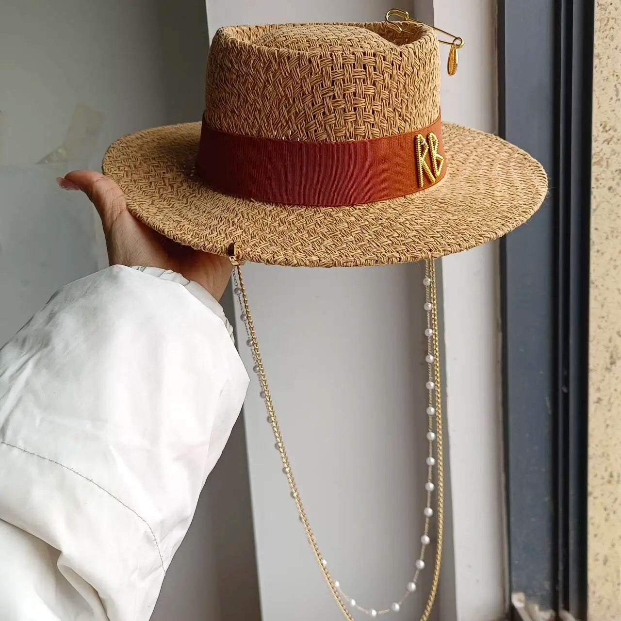 Chain Strap Straw Hat summer beach straw hat pearl Pork pie sun hat new  elastic ribbon hat 여름모자