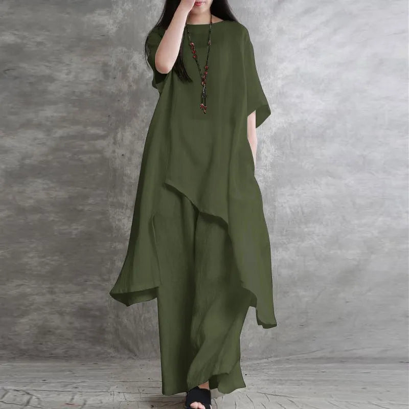 Cotton Linen Two-Piece Set Short-Sleeve O-Neck Top Wide-Leg Pants — Beige | KIMLUD