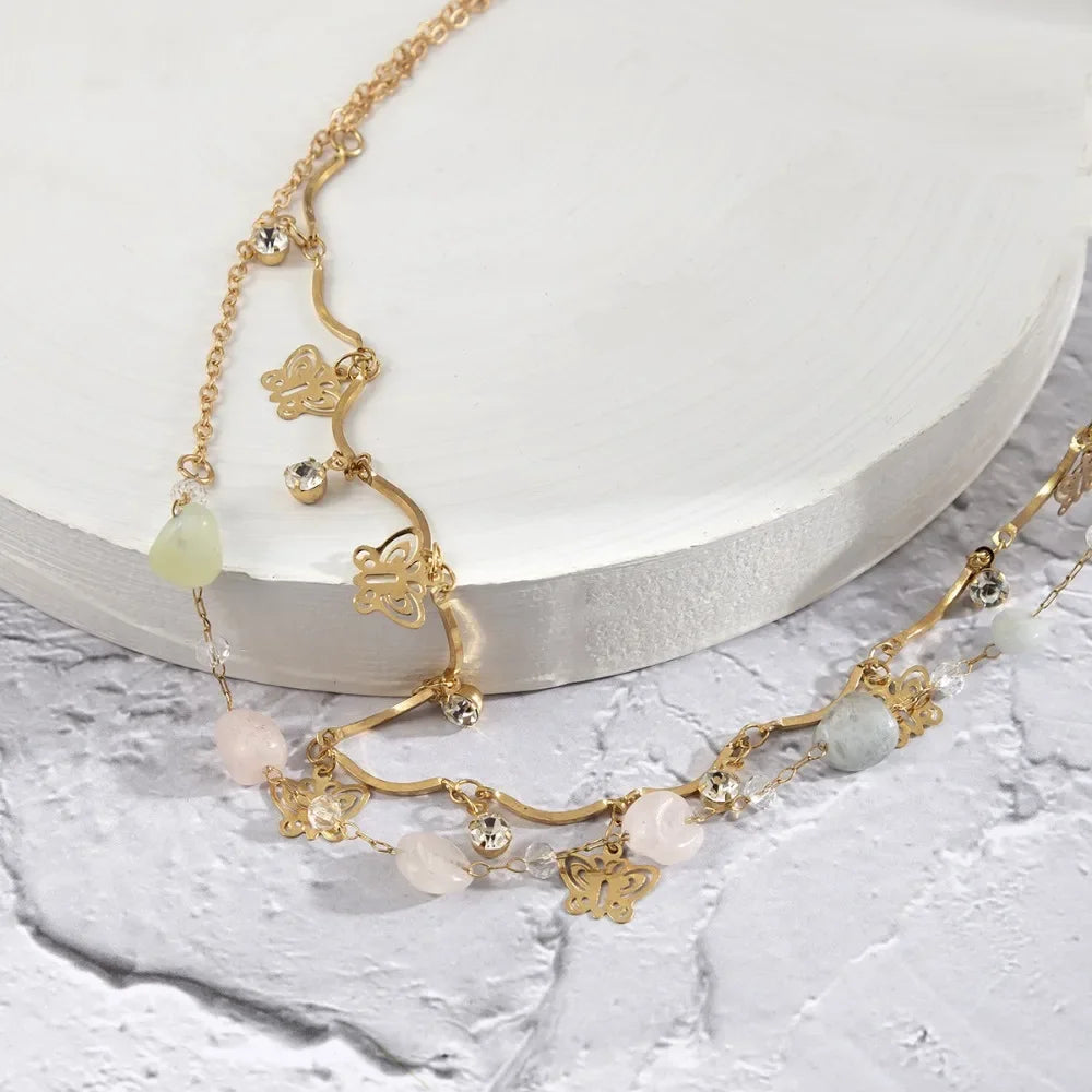 Gold-Tone Double-Layer Crystal Bead Waist Chain — Pastel Multicolor | KIMLUD