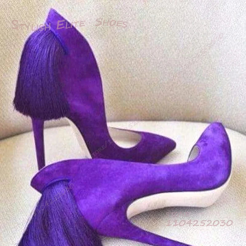 Purple Heel Tassel Suede Stiletto Feather Sandals Pointed Heels Women Hollow Pump Red Light Yellow Dance Fuchsia Cute Party Shoe