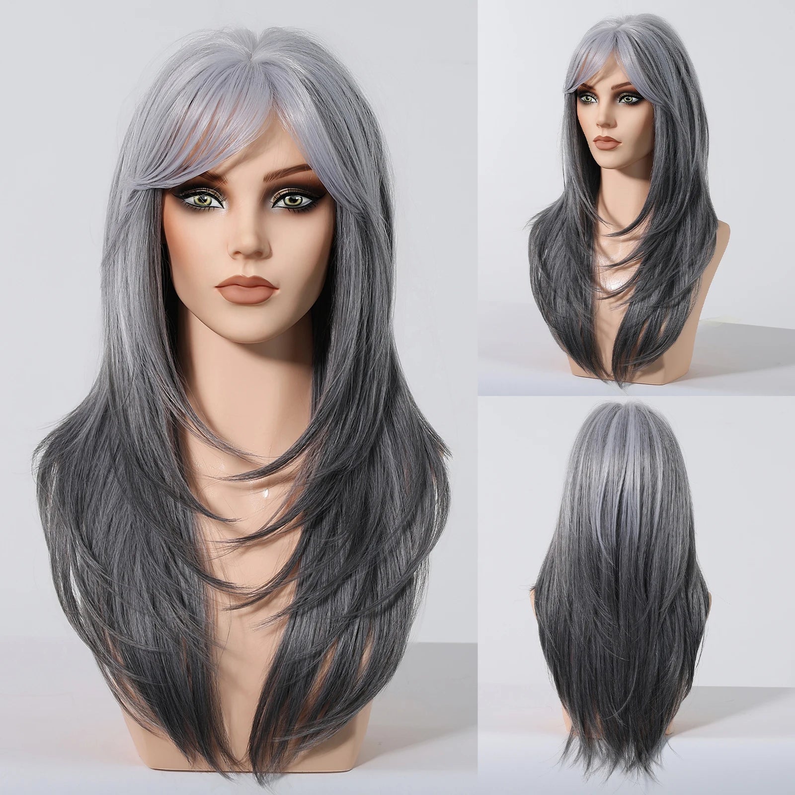 Wig – Medium-Length Layered Straight Bangs – Synthetic Hair – Grey | KIMLUD