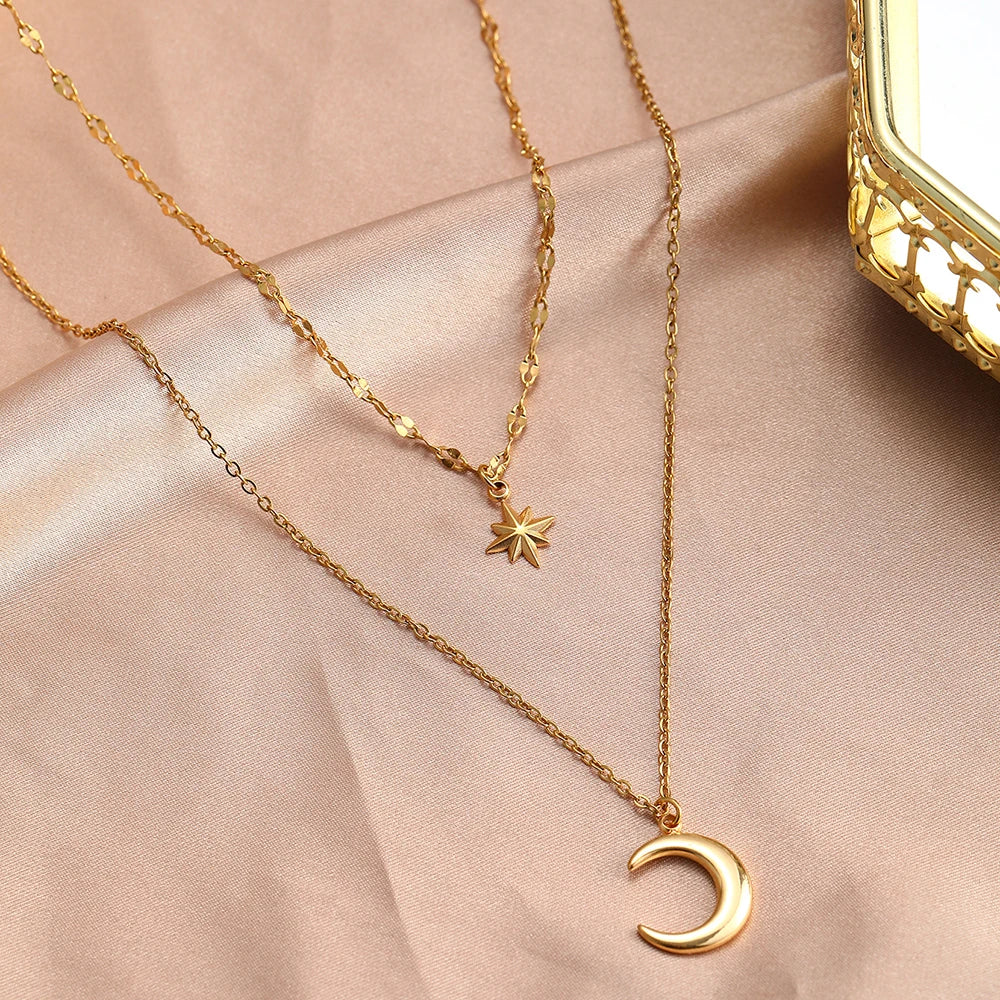 Stainless Steel Necklace Eight-Pointed Star Moon Pendant — Silver | KIMLUD