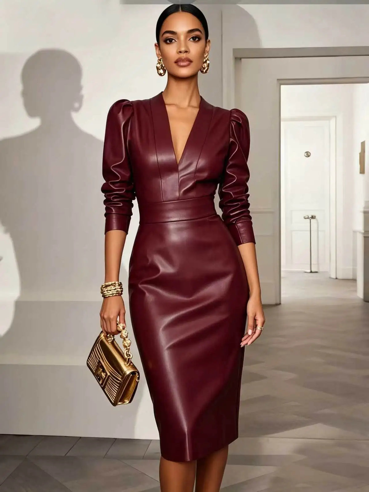 Midi Dress – V Neck – PU Leather – Knee Length | KIMLUD