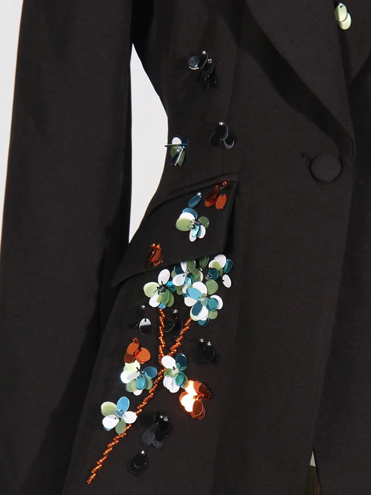 KIMLUD, VGH Solid Spliced Sequins Slimming Blazers For Women Notched Collar Long Sleeve Tunic Casual Chic Blazer Female New Autumn 2024, KIMLUD Womens Clothes