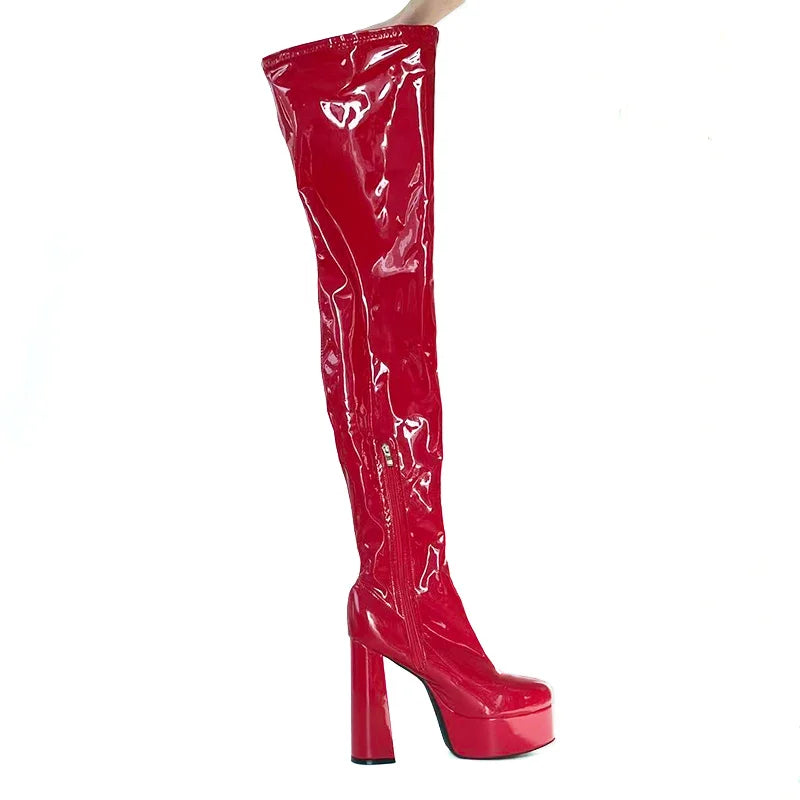 Over-the-Knee Boots – Stretch Patent – Black Burgundy | KIMLUD