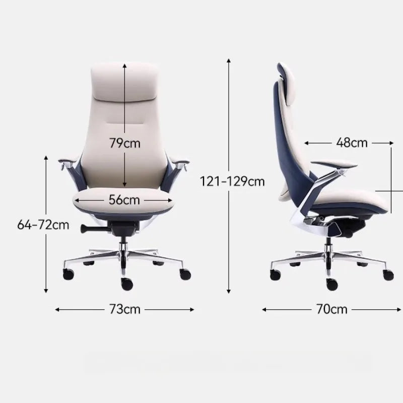 An ergonomic office chair shown from two angles with overlaid dimension arrows and measurements (e.g.
