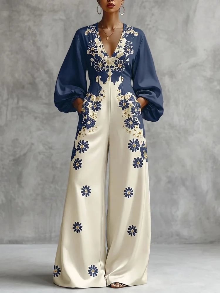 Jumpsuit – Floral Print – Polyester – V-Neck Puff Sleeves | KIMLUD