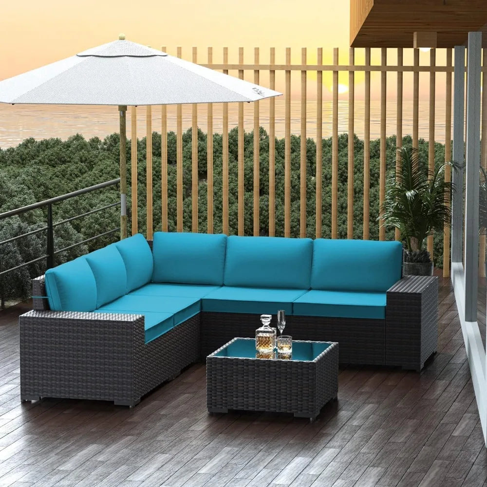 Garden Furniture Sets Outdoor Patio Furniture Set PE Rattan Wicker Sectional Conversation Set with Coffee Table Turquoise Blue