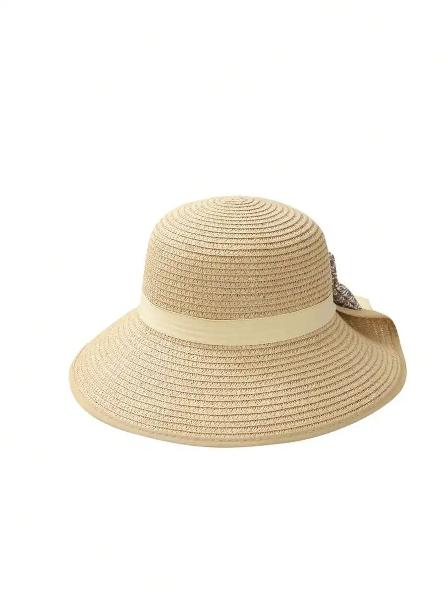 Womens Solid Color Wide Brim Straw Hat With Red Band French Elegant Casual Sun Protection Hat For Beach Vacation Travel