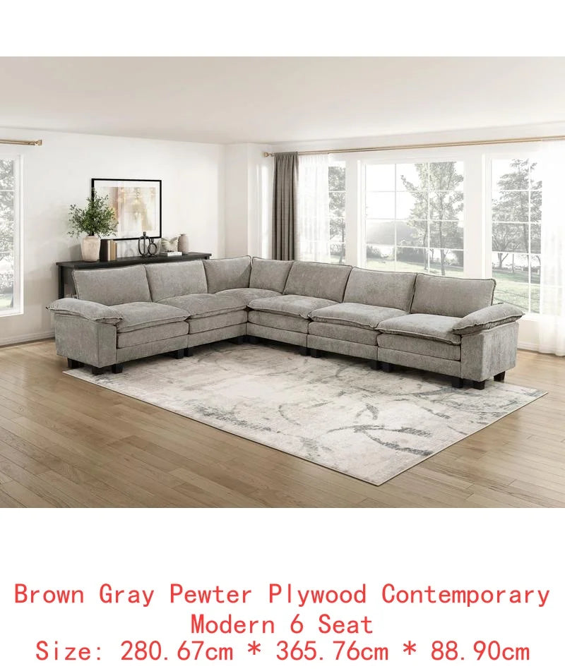 Chenille Sectional Sofa Set 6-Piece Modular Luxe Soft — Light Dove-Gray | KIMLUD