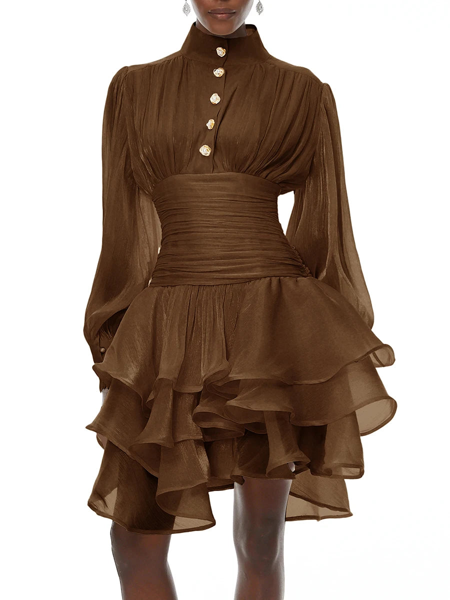 Elegant High Neck Organza Dresses Mini — Pink | KIMLUD