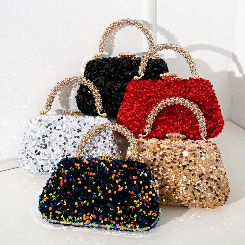 Sequined Evening Handbag Rhinestone Top Handle — Red | KIMLUD