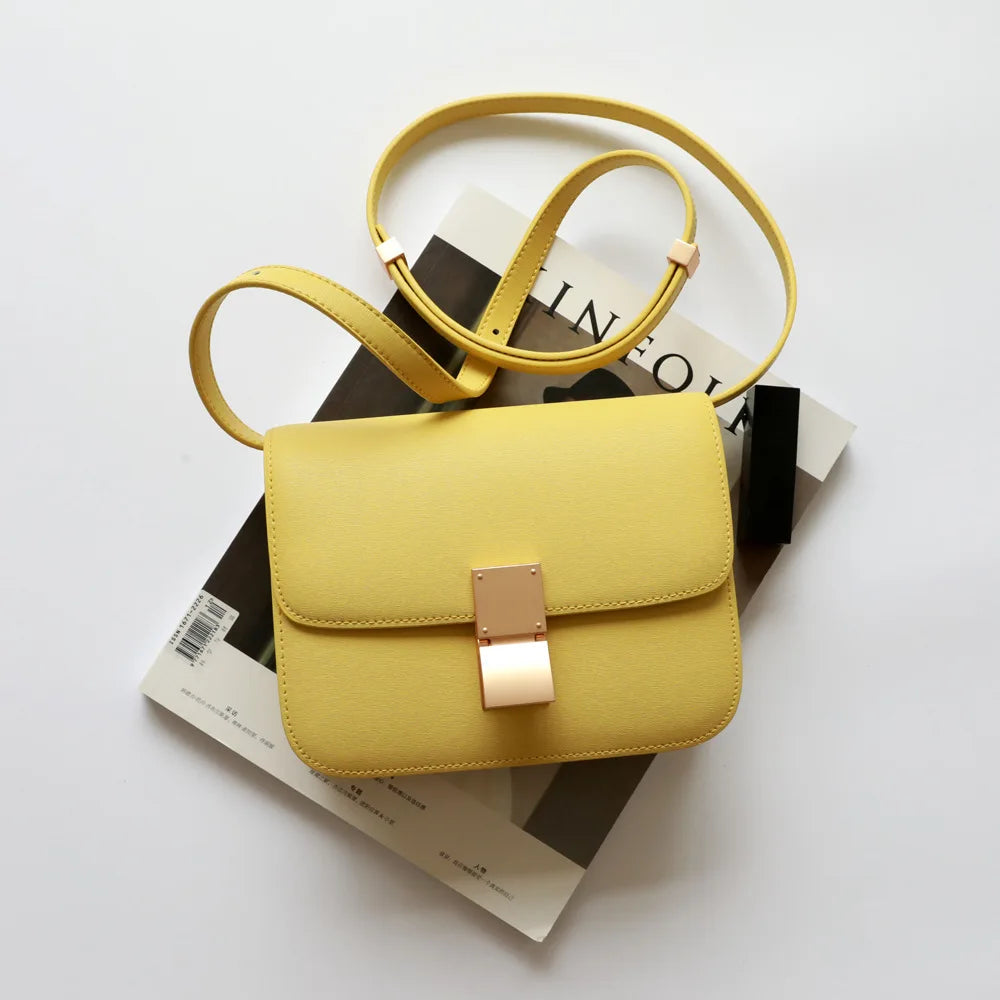 Split Leather Shoulder Bag Single Flap Lock — Black | KIMLUD
